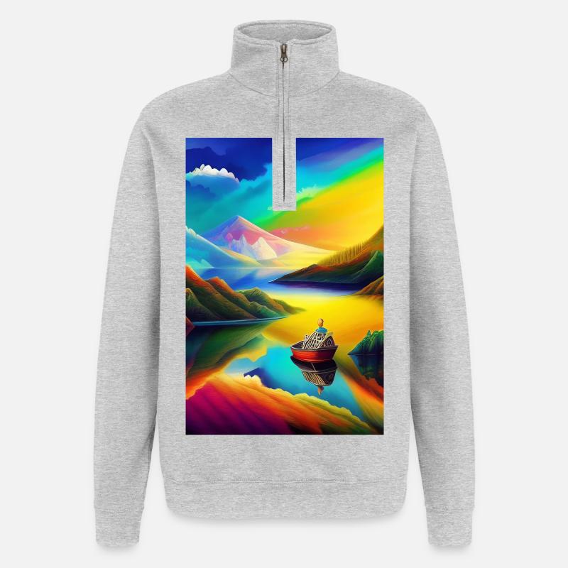 Landschaft mit See, Boot und Berge - Quarter-Zip-Sweatshirt - Grau meliert