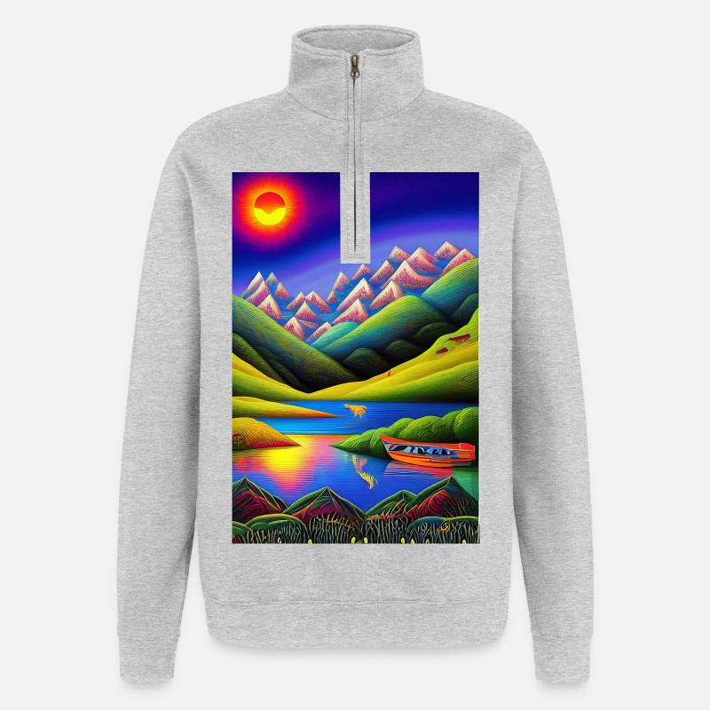 Landschaft mit See, Boot und Berge - Quarter-Zip-Sweatshirt - Grau meliert