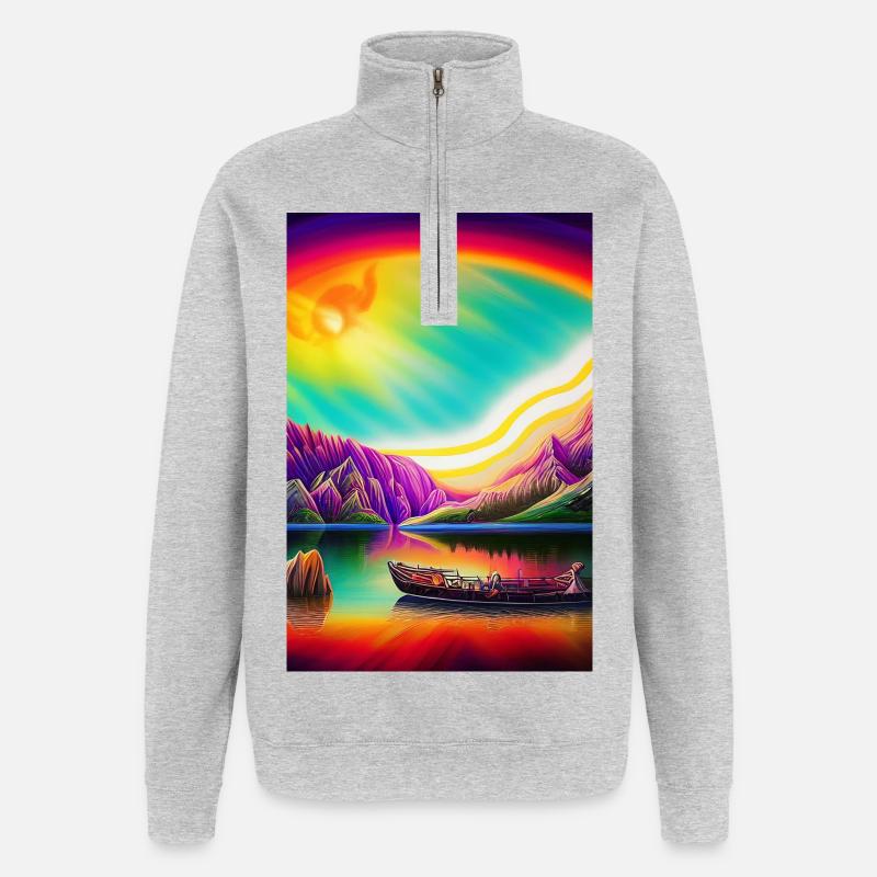 Landschaft mit See, Boot und Berge - Quarter-Zip-Sweatshirt - Grau meliert