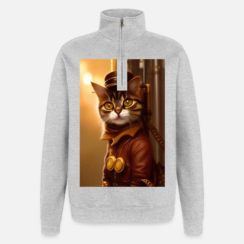 Chat Steampunk Style - Sweat à zip 1/4 - gris chiné