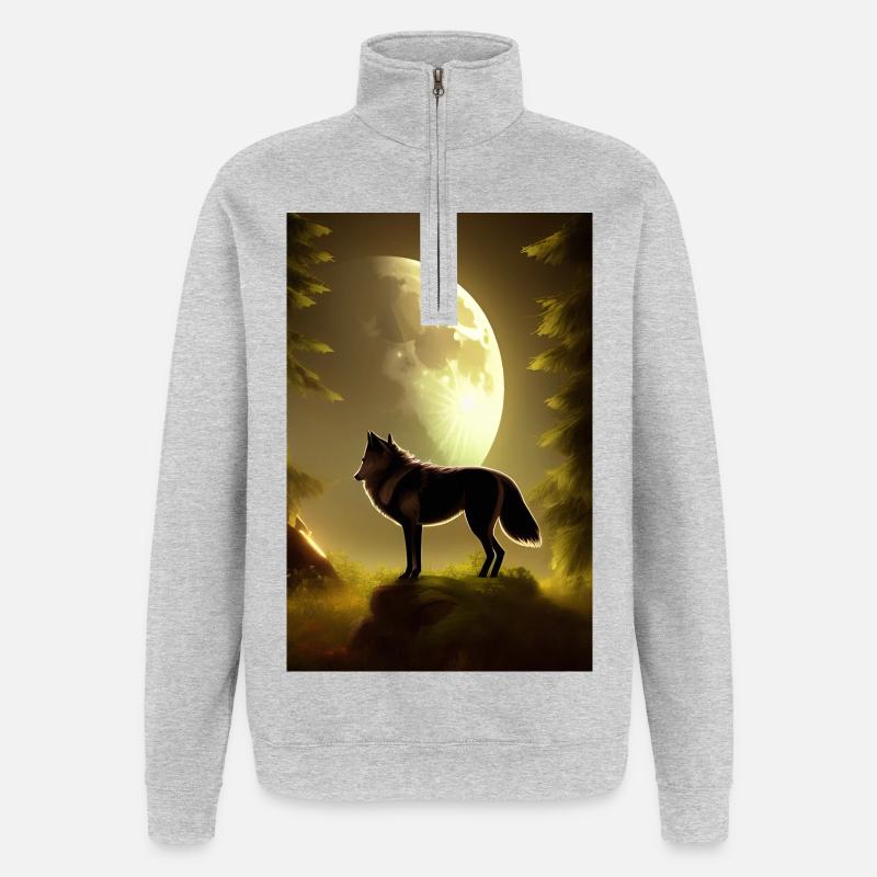 Wolf und Mond - Quarter-Zip-Sweatshirt - Grau meliert