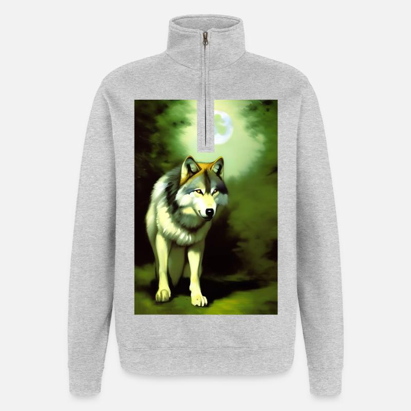 Wolf und Mond - Quarter-Zip-Sweatshirt - Grau meliert