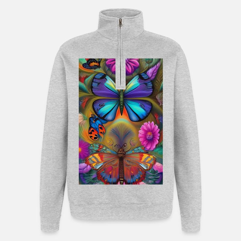Fleurs et papillon - Sweat à zip 1/4 - gris chiné