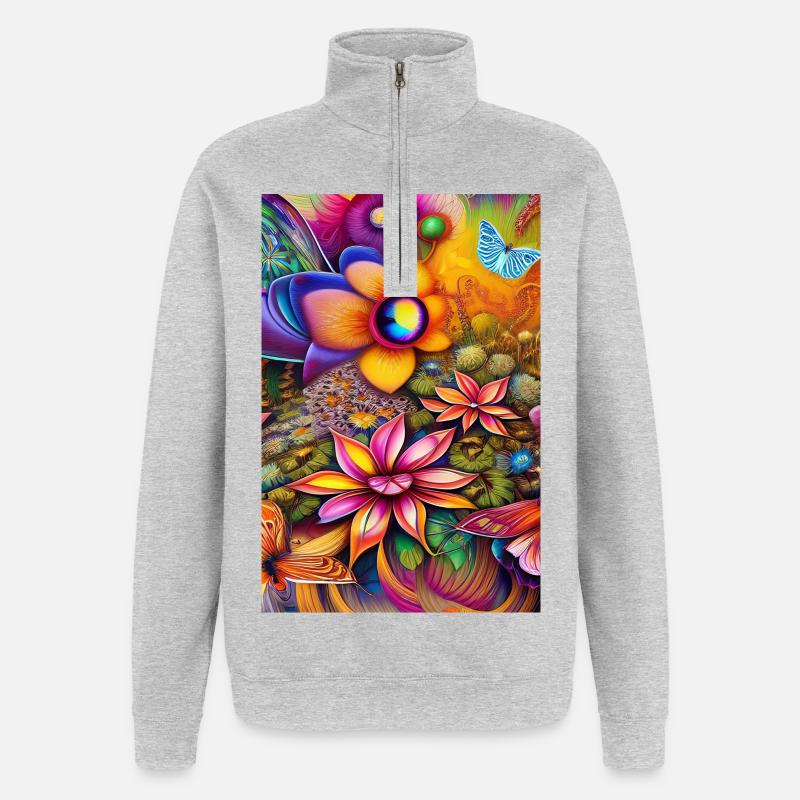 Fleurs et papillon - Sweat à zip 1/4 - gris chiné