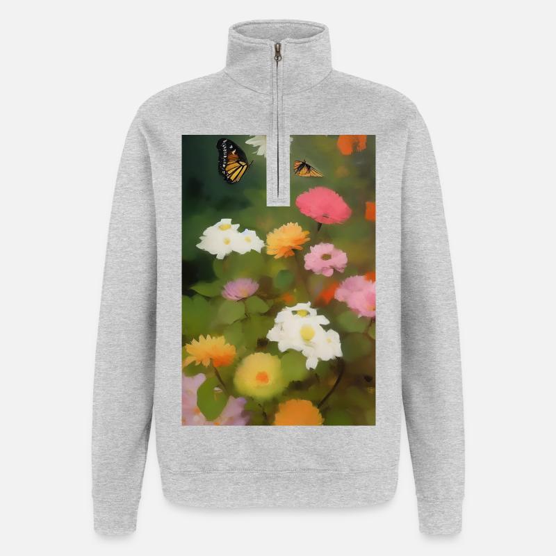 Fleurs et papillon - Sweat à zip 1/4 - gris chiné