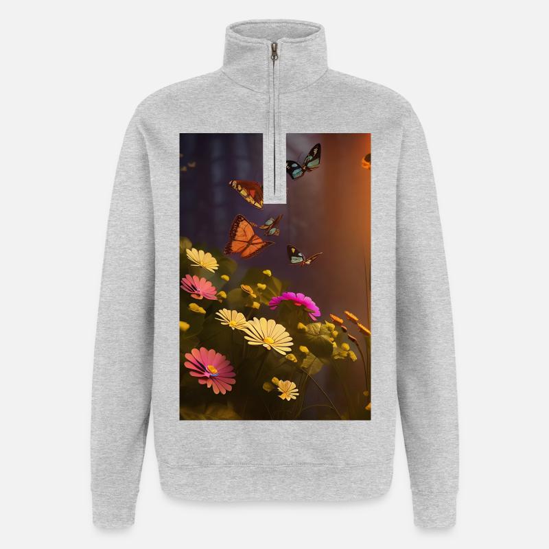 Fleurs et papillon - Sweat à zip 1/4 - gris chiné