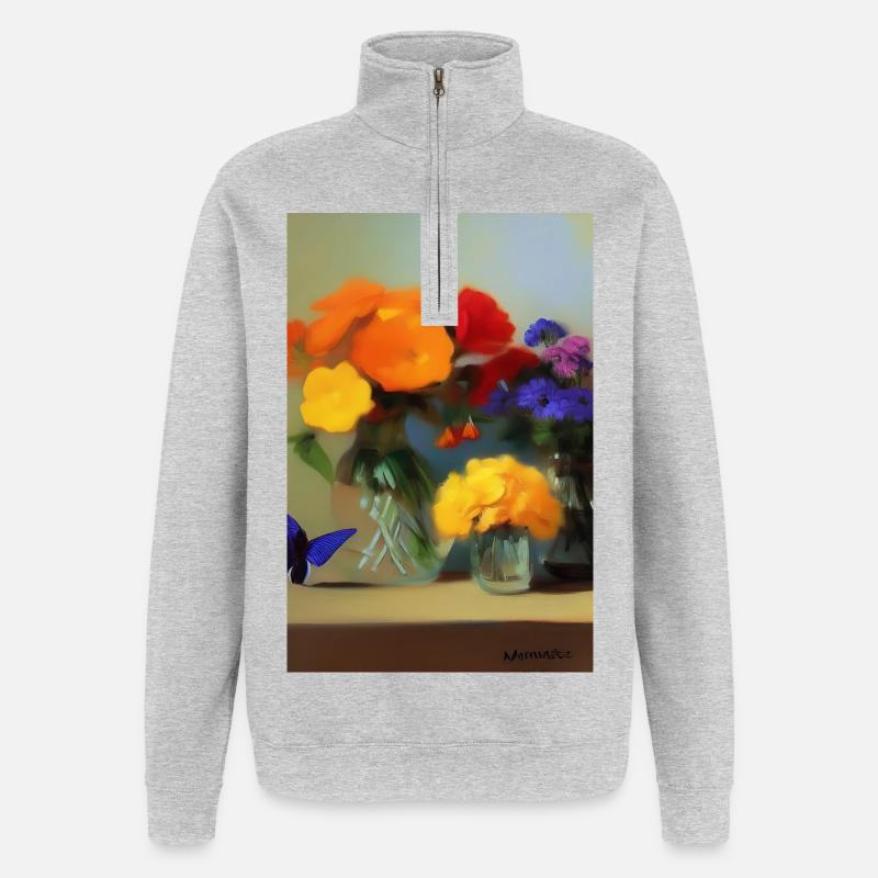 Fleurs et papillon - Sweat à zip 1/4 - gris chiné
