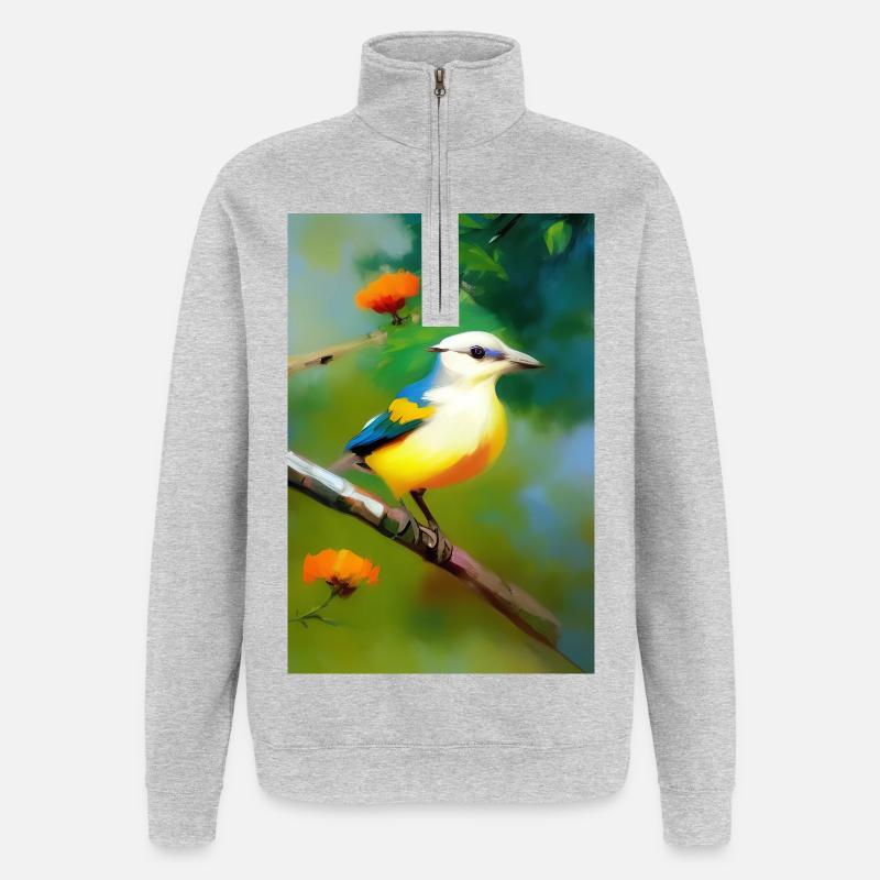 Oiseau sur branche avec fleurs - Sweat à zip 1/4 - gris chiné