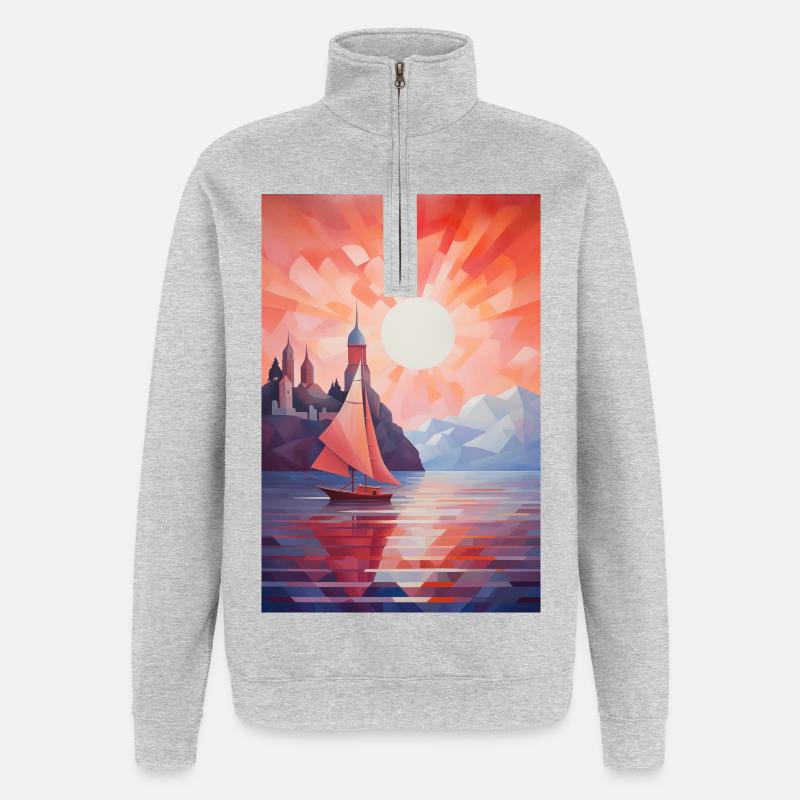 Paysage Maritime dans un style géométrique - Sweat à zip 1/4 - gris chiné
