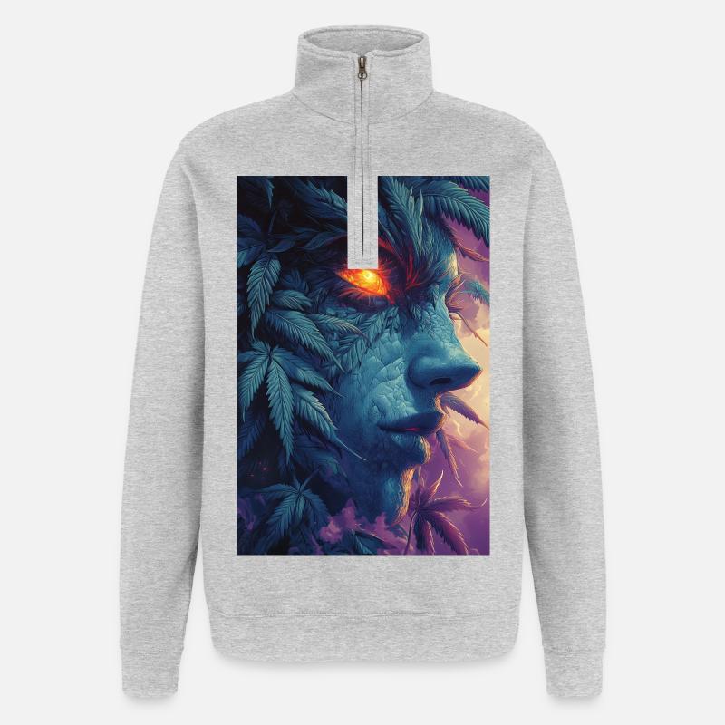 Visage de feuille avec œil de feu - Sweat à zip 1/4 - gris chiné