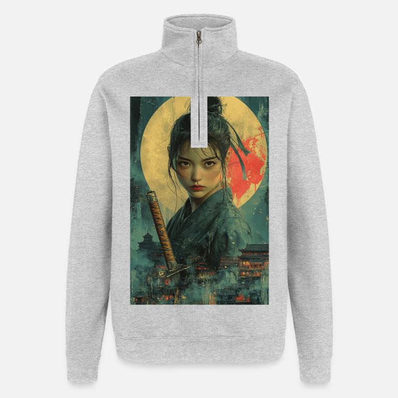 Moonlight Samurai in Asian Style - Quarter-Zip Sweatshirt - heather grey