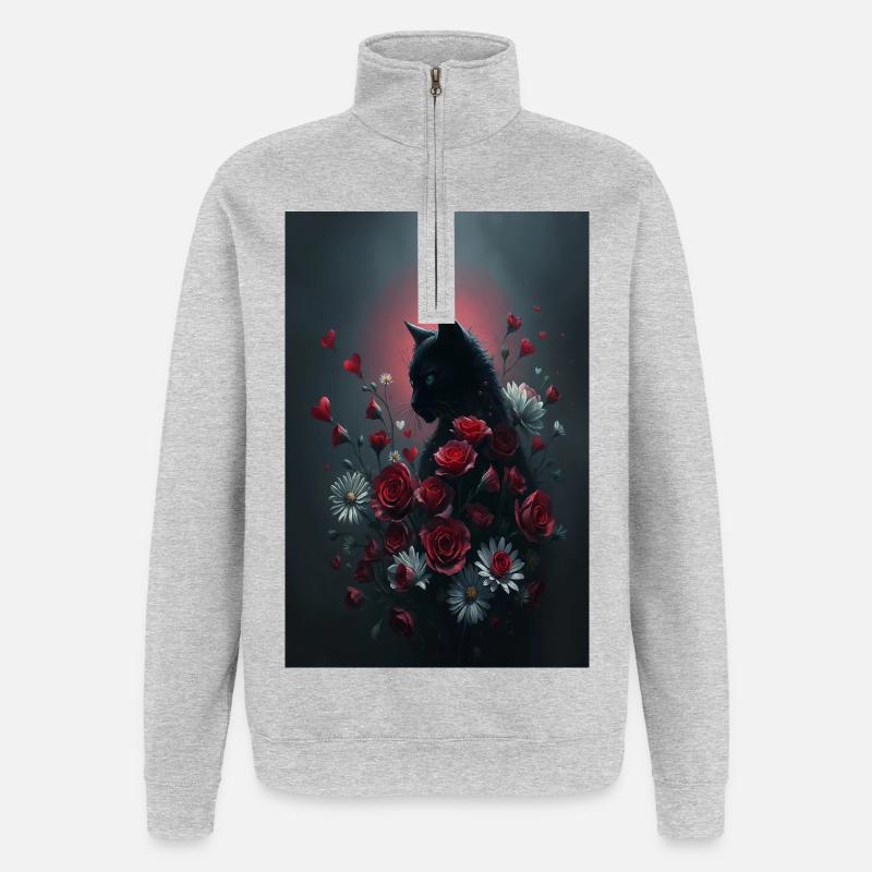 Chat avec des fleurs - Sweat à zip 1/4 - gris chiné