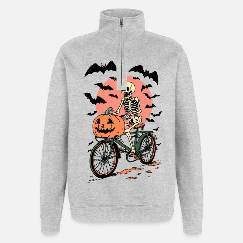Skeleton on Bicycle with Pumpkin - Quarter-Zip Sweatshirt - heather grey
