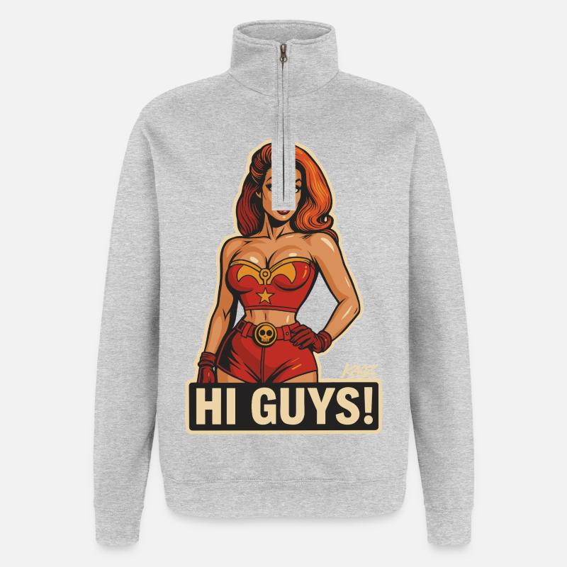 Salut les gars, héroïne rétro - Sweat à zip 1/4 - gris chiné