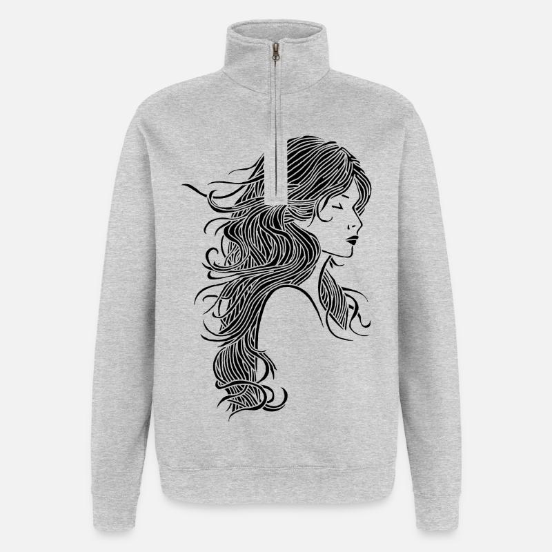Schwarzhaariges Mädchen - Quarter-Zip-Sweatshirt - Grau meliert