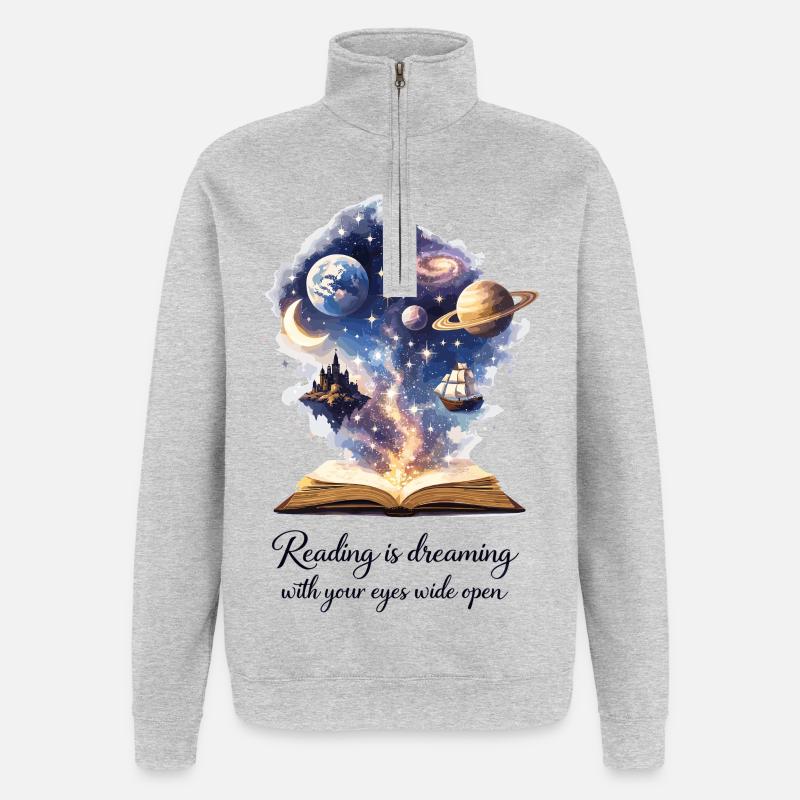 Reading is dreaming - Magisches Buch & Sterne - Quarter-Zip-Sweatshirt - Grau meliert