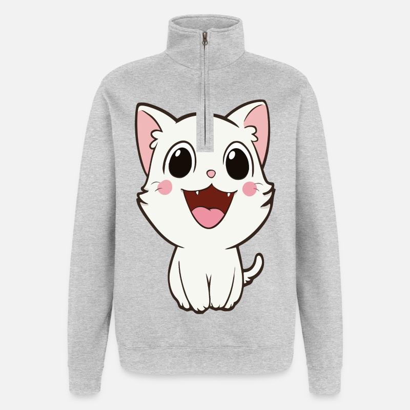 Verspieltes weißes Kätzchen-Maskottchen - Quarter-Zip-Sweatshirt - Grau meliert