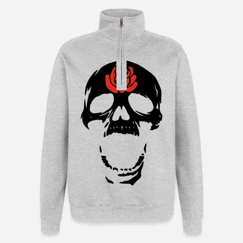 Le crâne noir et la rose - Sweat à zip 1/4 - gris chiné