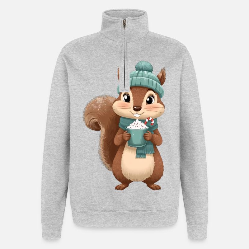 Winterliches Eichhörnchen mit Heißgetränk - Quarter-Zip-Sweatshirt - Grau meliert