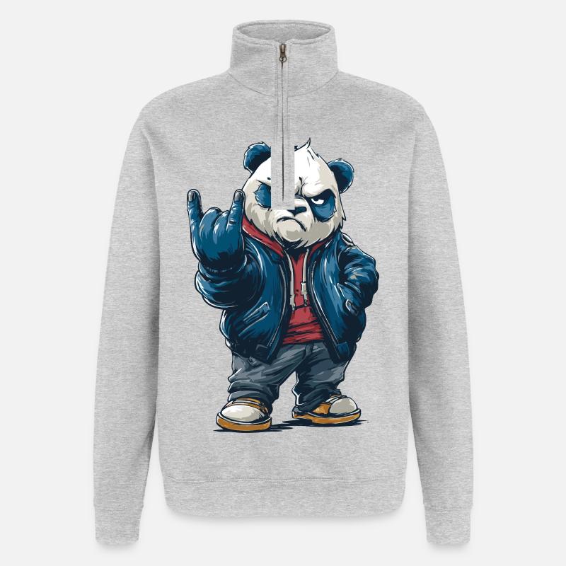 Rockiger Panda mit "Rock On"-Pose - Quarter-Zip-Sweatshirt - Grau meliert