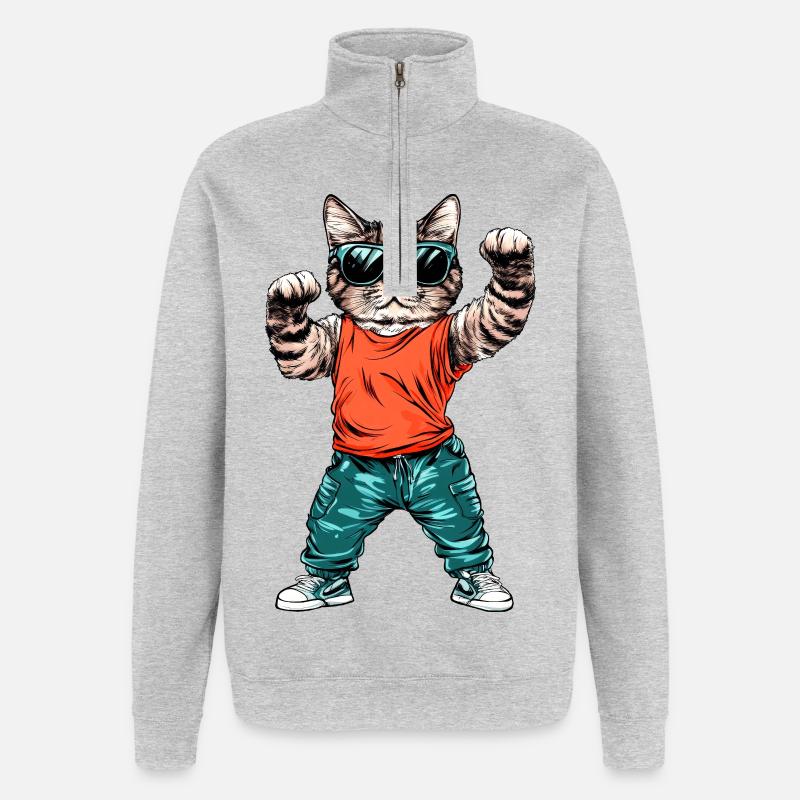 Chat cool - Sweat à zip 1/4 - gris chiné
