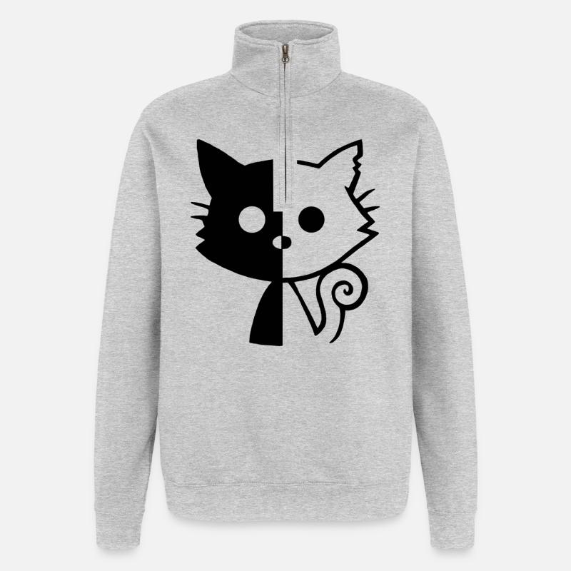 Chat yin et yang (noir) - Sweat à zip 1/4 - gris chiné