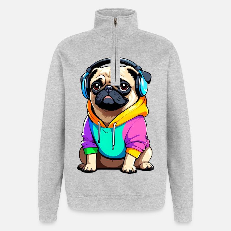Pug mit Kopfhörer und Kleidung - Quarter-Zip-Sweatshirt - Grau meliert