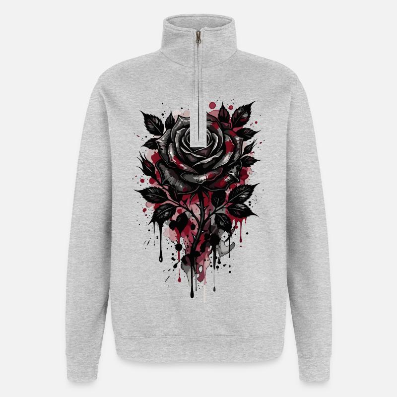 Rose, Rose Noire, Rose et Fleurs - Sweat à zip 1/4 - gris chiné