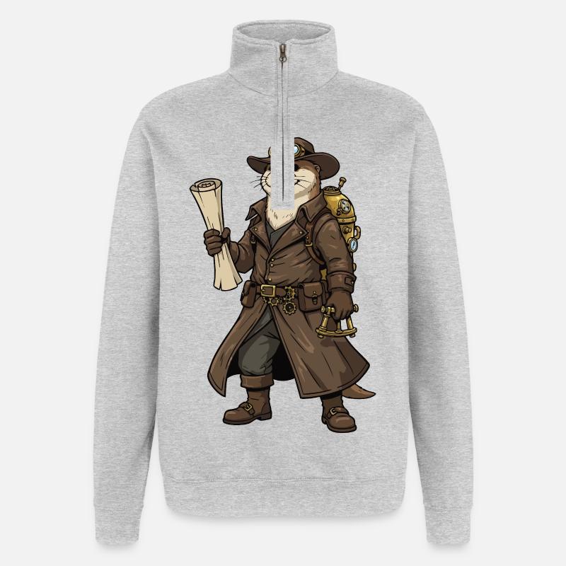 Otter Explorer Steampunk Retro-Kartograph - Quarter-Zip-Sweatshirt - Grau meliert