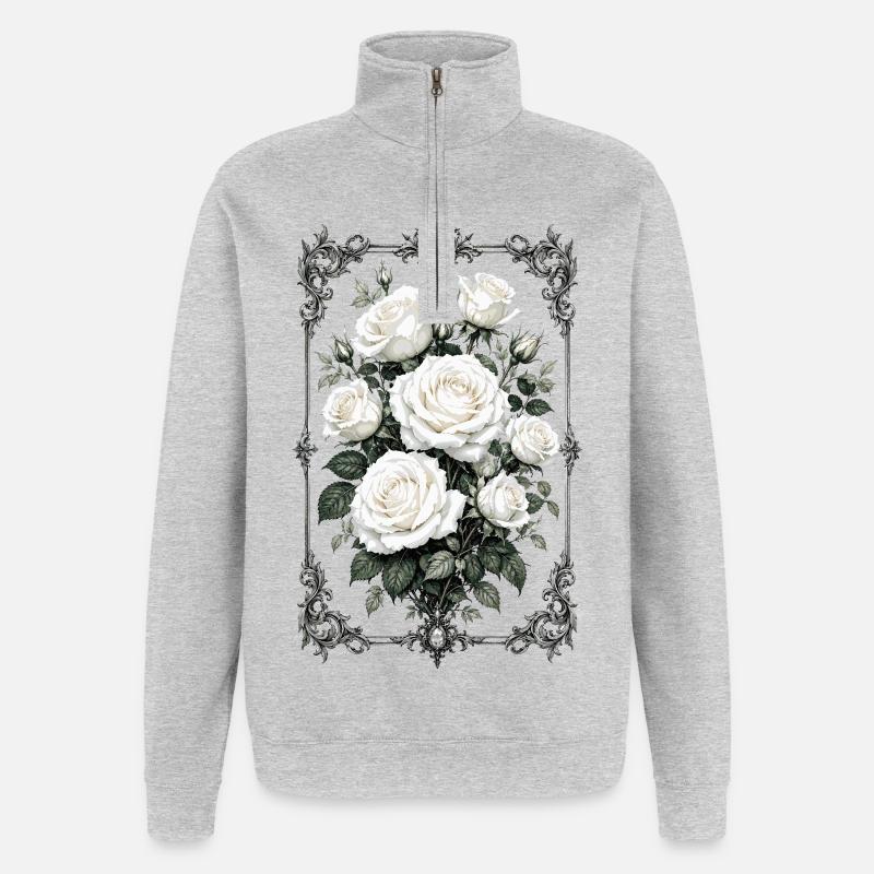 Roses, Roses blanches, Roses et Fleurs - Sweat à zip 1/4 - gris chiné