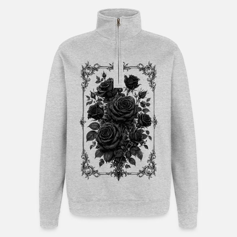 Roses, Roses noires, Roses et Fleurs - Sweat à zip 1/4 - gris chiné