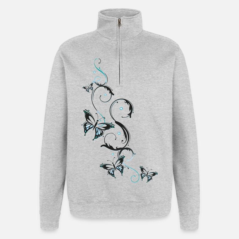 Blumen Ranke Schmetterlinge - Quarter-Zip-Sweatshirt - Grau meliert