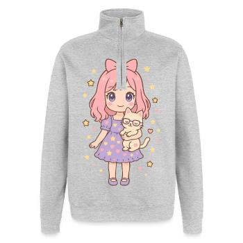 Petite fille avec chat par Helfspawn - Sweat à zip 1/4 - gris chiné - Devant - AI Model Female 172 light (172cm) & AI Model Male 178 dark (178cm)