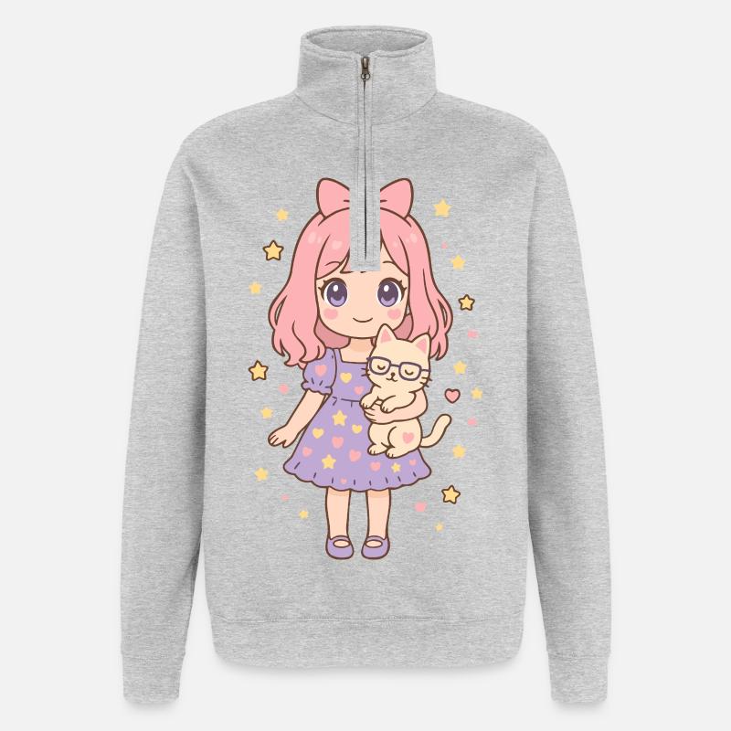 Kleines Mädchen mit Katze von Helfspawn - Quarter-Zip-Sweatshirt - Grau meliert