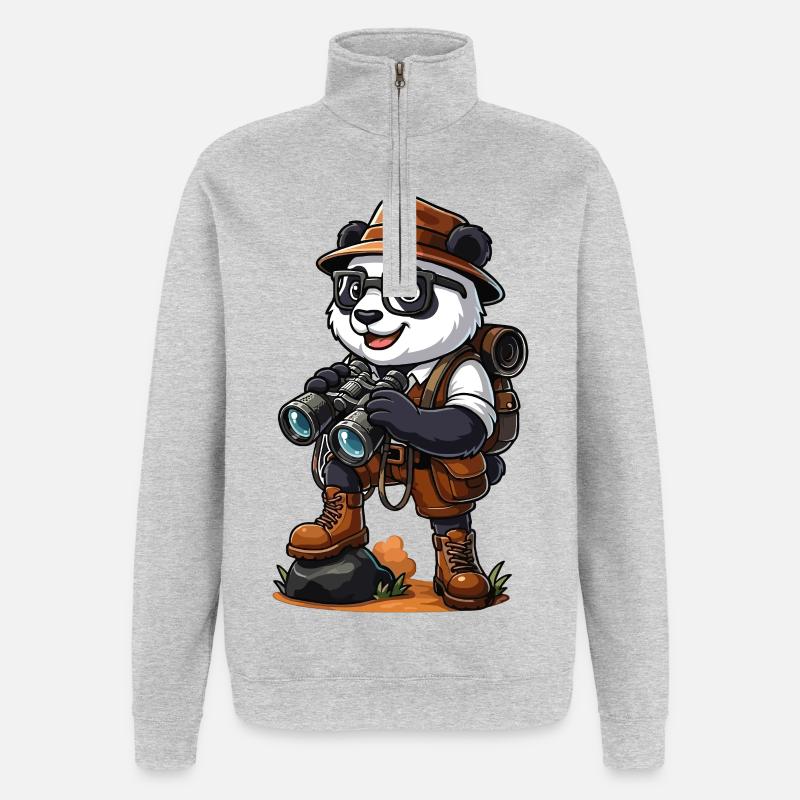 Lustiges Panda-Entdecker-Wandern-Camping-Abenteuer - Quarter-Zip-Sweatshirt - Grau meliert