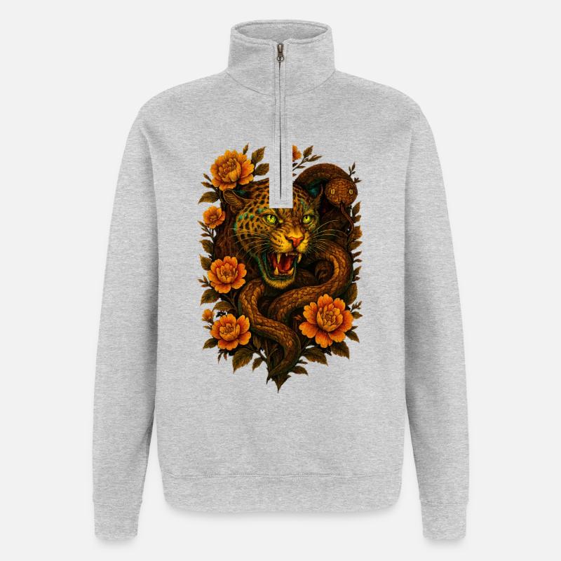 Fauchender Leopard & Schlange im Retro Design - Quarter-Zip-Sweatshirt - Grau meliert