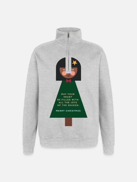 Weihnachtsgruß-Puppe im Grün - Quarter-Zip-Sweatshirt - Grau meliert