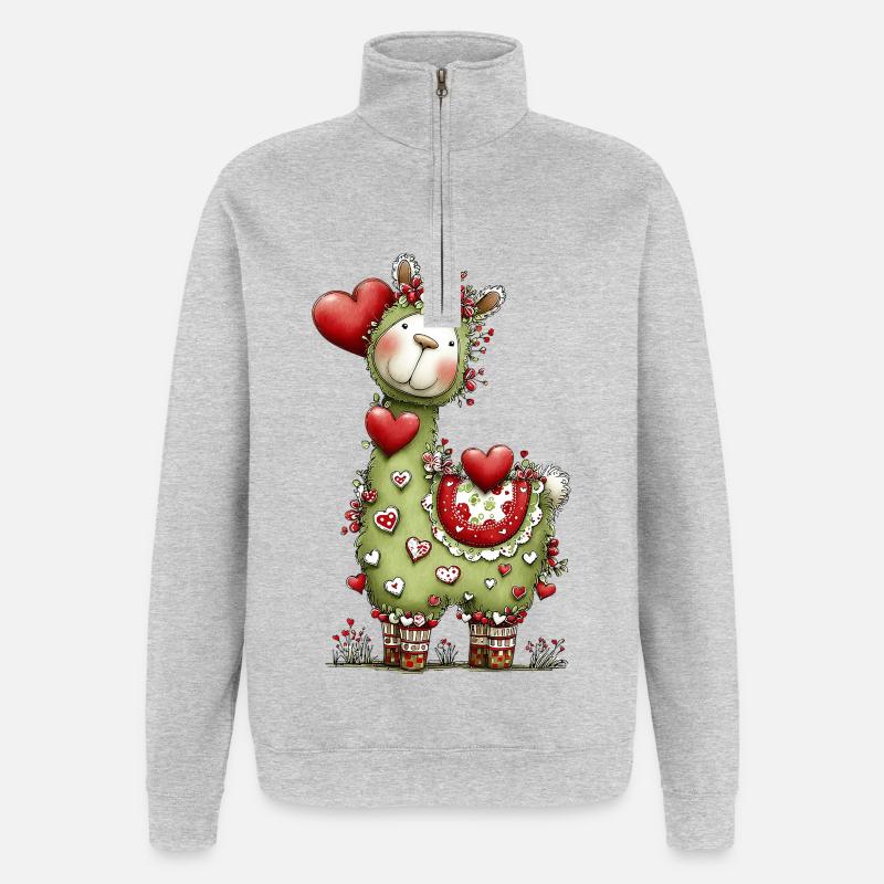 Lama mit Herzen - Quarter-Zip-Sweatshirt - Grau meliert