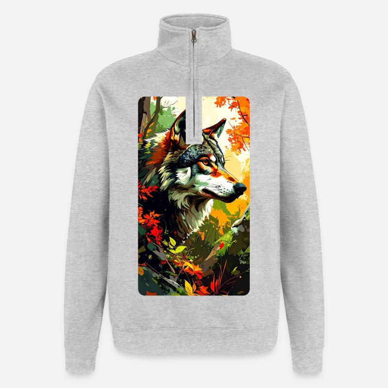 Wolf im Herbst (Blick nach Rechts) - Quarter-Zip-Sweatshirt - Grau meliert