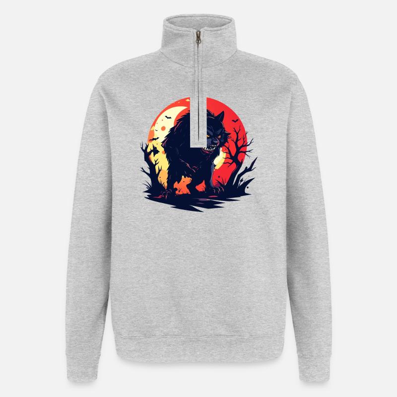 böser Mondwolf Werwolf im düsteren Mondschein - Quarter-Zip-Sweatshirt - Grau meliert