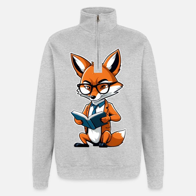 Intellektueller Fuchs mit Brille liest Buch - Quarter-Zip-Sweatshirt - Grau meliert