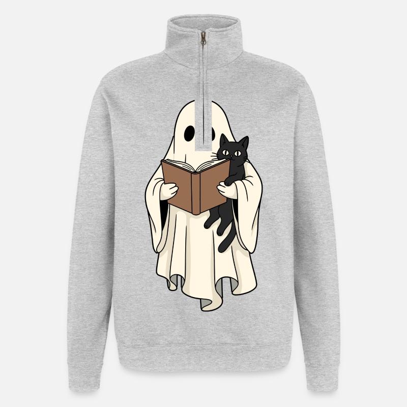 Lesender Geist mit Katze im Buch - Quarter-Zip-Sweatshirt - Grau meliert