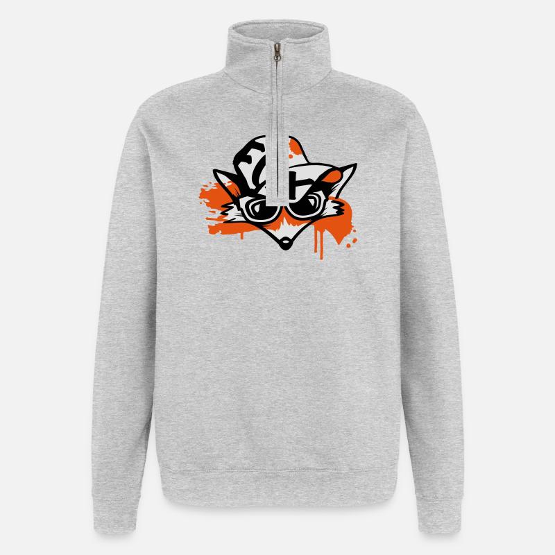 Fuchs mit Baseballkappe - Quarter-Zip-Sweatshirt - Grau meliert
