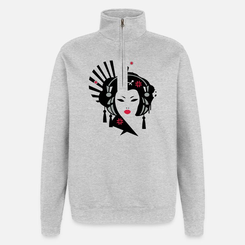 Geisha mit Kopfhörer - Quarter-Zip-Sweatshirt - Grau meliert
