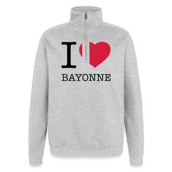 I LOVE BAYONNE France Frankreich - Sweat à zip 1/4 - gris chiné - Devant - AI Model Female 172 light (172cm) & AI Model Male 178 dark (178cm)