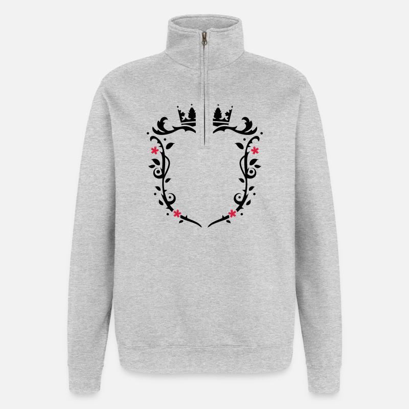 florales Wappen mit Krone - Quarter-Zip-Sweatshirt - Grau meliert