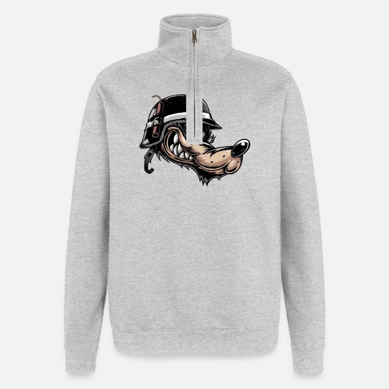 Grimmiger Comic-Wolf mit Helm - Quarter-Zip-Sweatshirt - Grau meliert