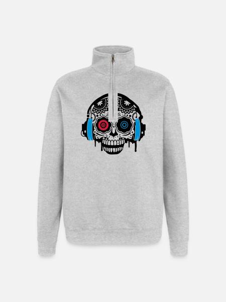 Sugar Skull mit Kopfhörer - Quarter-Zip-Sweatshirt - Grau meliert
