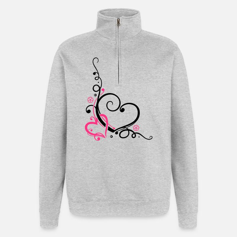 Deux coeurs avec des fleurs - Sweat à zip 1/4 - gris chiné