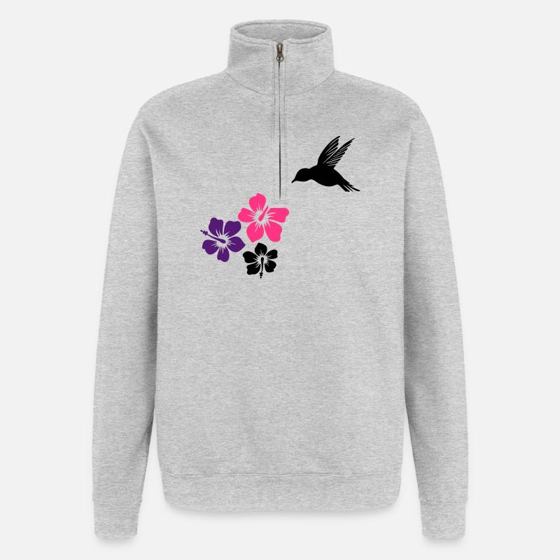 Colibri avec des fleurs d'hibiscus - Sweat à zip 1/4 - gris chiné